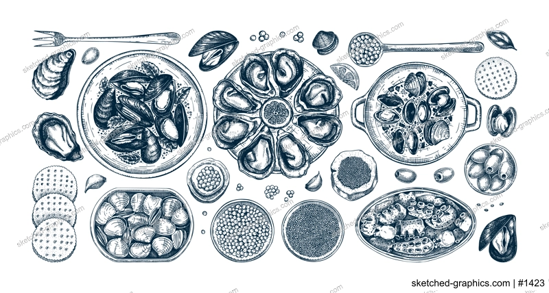 Seafood buffet illustrations collection in vintage style. Hand drawn shellfish - mussels, oyster, shrimps, caviar, canned fish canape sketches. Mediterranean cuisine, restaurant menu, finger food part
