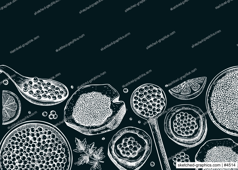 Seafood background design with red caviar canape, canned black caviar, lemons on chalkboard. Sea delicacy banner template for restaurant menu or finger food party. Canned fish hand drawn illustration