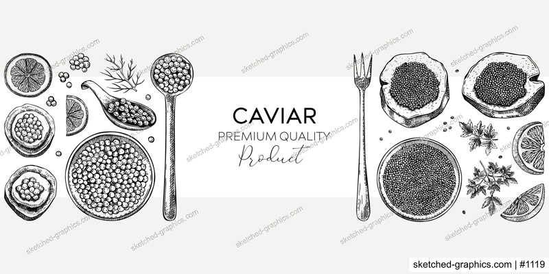 Seafood background design with red caviar canape, canned black caviar, lemons and spices in sketched style. Sea delicacy illustrations set for restaurant or finger food menu