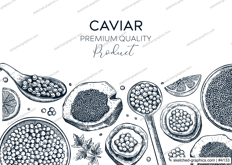 Seafood background design with red caviar canape, canned black caviar, lemons in sketched style. Sea delicacy banner template for restaurant menu or finger food party. Hand drawn tinned fish sketches