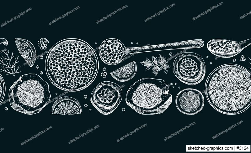 Seafood background  with red caviar canape, canned black caviar, lemons sketches on chalkboard. Sea delicacy banner for restaurant menu or finger food party. Hand drawn tinned fish seamless pattern