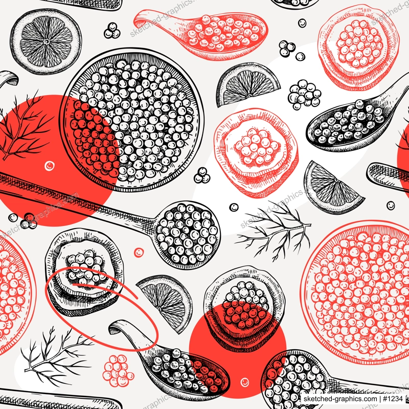 Seafood background for restaurant or finger food menu design. Hand-drawn sketches of canned caviar, red caviar canape, bread, lemons. Sea delicacy seamless pattern in collage style.