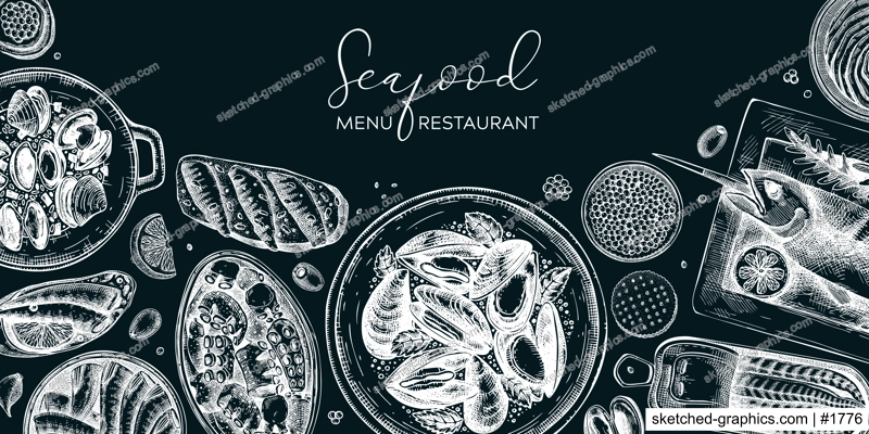 Seafood background on chalkboard. Hand-drawn mussels, oysters, shrimps, caviar, canned fish canape sketches. Mediterranean cuisine, restaurant menu, finger food party banner design