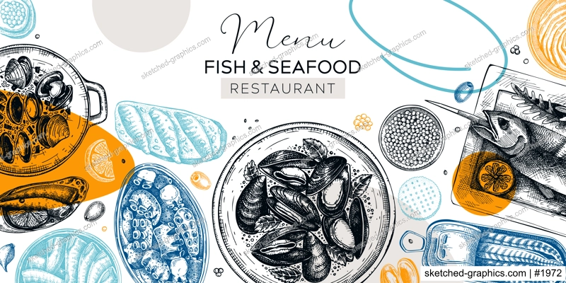 Collage style seafood background. Hand-drawn mussels, oysters, caviar, grilled fish, canned fish canape sketches. Restaurant menu, finger food party banner design. Abstract and geometric shapes