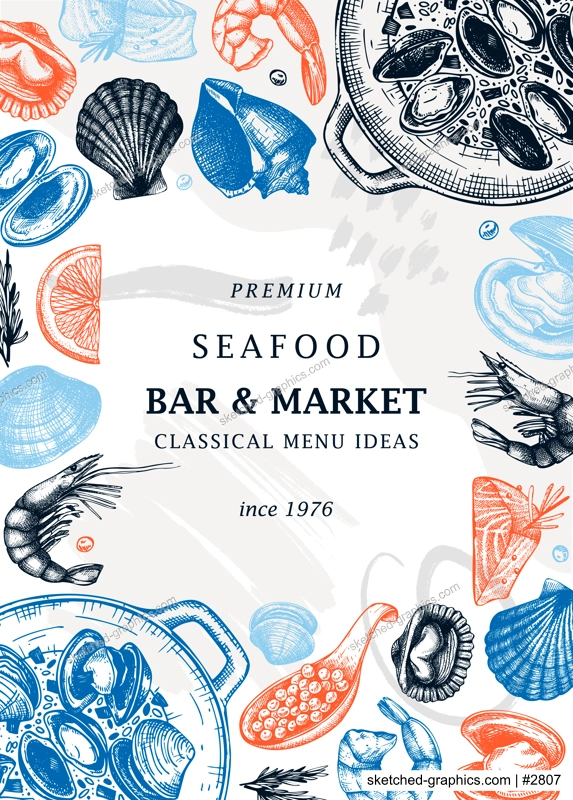 Hand-drawn seafood and fish trendy menu template. Hand sketched cooked sea food illustrations. Collage with shellfish hand-drawing. Mollusks and shrimps card or banner design in sketched style. 
