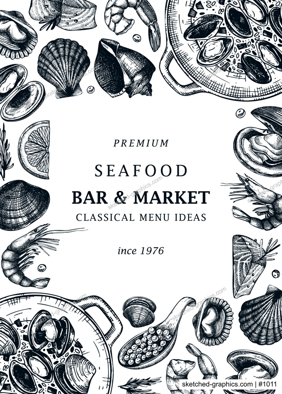 Hand-drawn seafood and fish vector menu template. Hand sketched cooked sea food illustrations. Vintage shellfish hand-drawing. Mollusks and shrimps card or banner design in sketched style. 