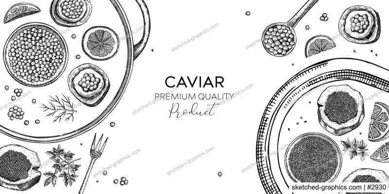 Seafood platter in engraved style. Red caviar canape, black caviar tin, lemons sketches. Sea delicacy background for restaurant menu or finger food party. Hand drawn canned fish banner design
