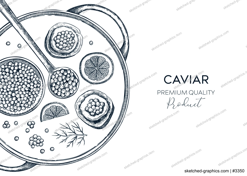 Hand drawn seafood platter in engraved style. Canned caviar, red caviar canape, lemons - hand drawn food sketches for restaurant menu or finger food party. Sea delicacy vector background design