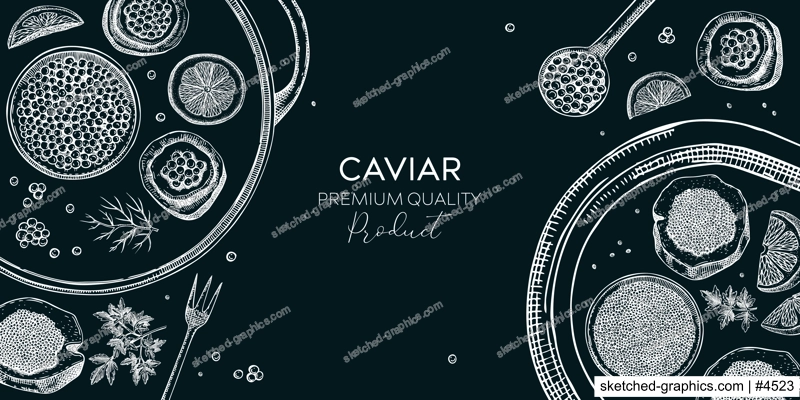 Seafood platter on chalkboard. Red caviar canape, black caviar tin, lemons sketches. Sea delicacy background for restaurant menu or finger food party. Hand drawn canned fish banner design