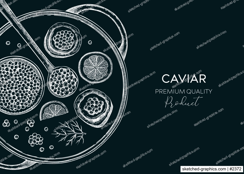 Hand drawn seafood platter in collage style. Canned caviar, red caviar canape, lemons - hand drawn food sketches for restaurant menu or finger food party. Sea delicacy vector background design