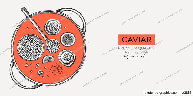 Hand drawn seafood platter in collage style. Canned caviar, red caviar canape, lemons - hand drawn food sketches for restaurant menu or finger food party. Sea delicacy vector background design