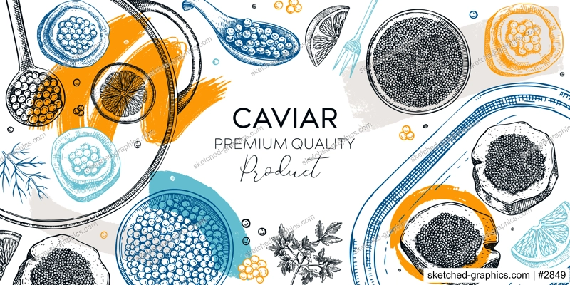 Seafood platter frame in collage style. Red caviar canape, black caviar tin can, lemons hand drawn sketches. Sea delicacy background for restaurant menu or finger food party. Trendy banner design