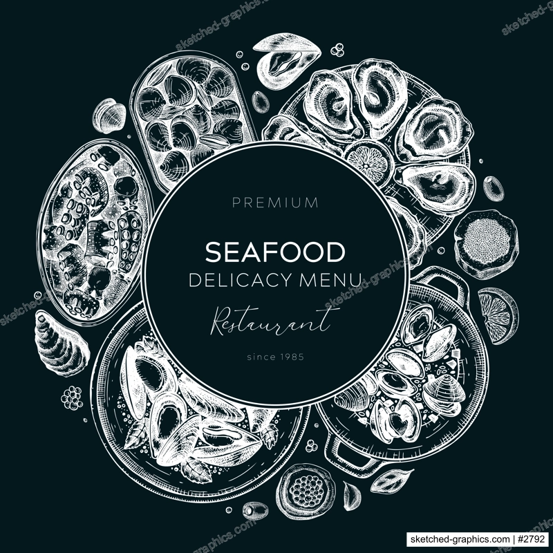 Seafood restaurant banner design. Hand drawn tinned fish and cooked shellfish illustrations - mussels, oysters, shrimps, caviar, clams, squids in sketch style. Vector wreath template on chalkboard