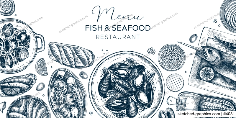Seafood restaurant banner design. Hand-drawn mussels, oysters, caviar, grilled fish, canned fish canape isolated on white background. Restaurant menu, finger food party banner design in sketch style