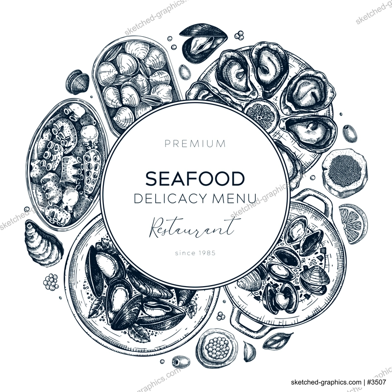 Seafood restaurant banner design. Hand drawn tinned fish and cooked shellfish illustrations - mussels, oysters, shrimps, caviar, clams, squids sketch style. Vector wreath isolated on white background