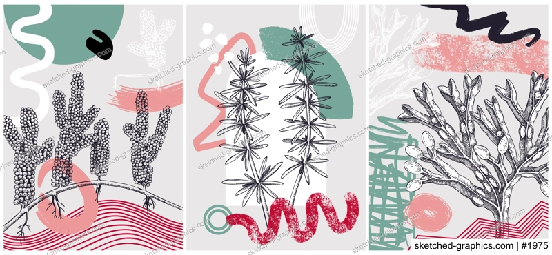 Collage-style seaweeds vector illustration. Sketched underwater plants banner set. Trendy design with botanical elements and geometric shapes. Elegant algae for sketch poster, card, and wall art.