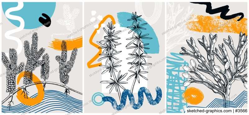Collage-style seaweeds vector illustration. Sketched underwater plants banner set. Trendy design with botanical elements and geometric shapes. Elegant algae for sketch poster, card, and wall art.