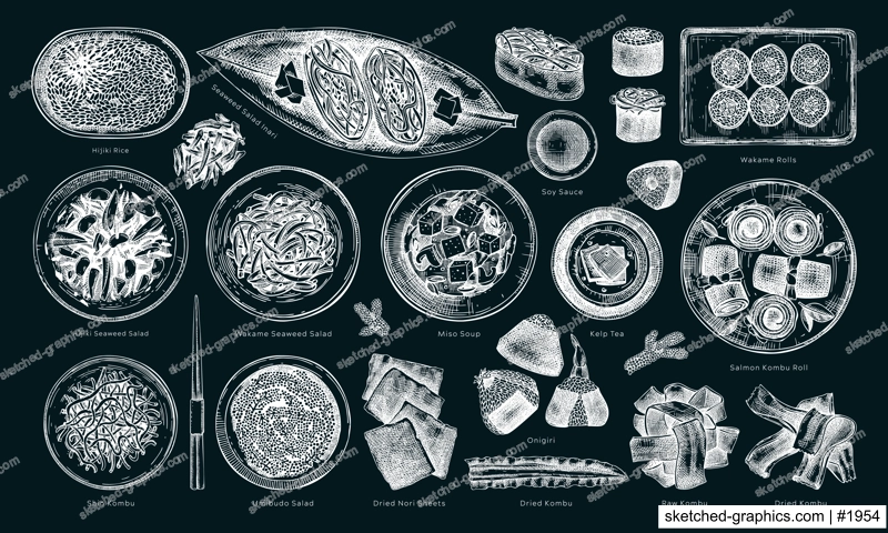 Hand-drawn healthy food vector illustration collection. Vintage edible seaweed dishes sketches with names on chalkboard. Asian cuisine menu design elements in engraved style