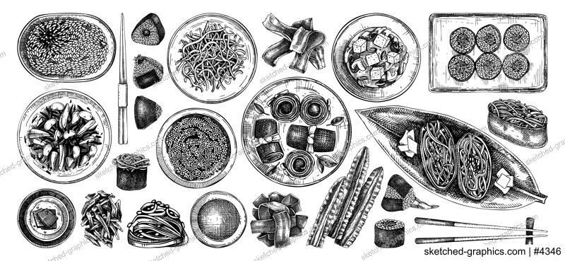 Hand-drawn healthy food vector illustration collection. Edible seaweed dishes in bowls sketches isolated on white background. Asian cuisine menu design elements in engraved style