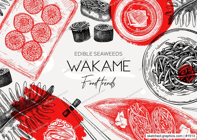 Edible seaweed frame design in collage style. Hand drawn wakame sketches. Sea vegetables vector illustration. Japanese cuisine dishes menu. Healthy food ingredients in engraved style