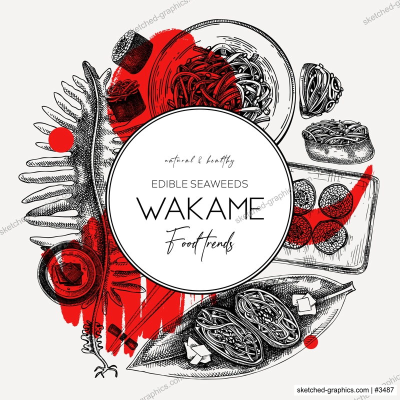 Edible seaweed wreath design in collage style. Hand-drawn wakame sketches. Sea vegetables vector illustration. Japanese cuisine frame. Modern restaurant menu. Healthy food ingredients collection