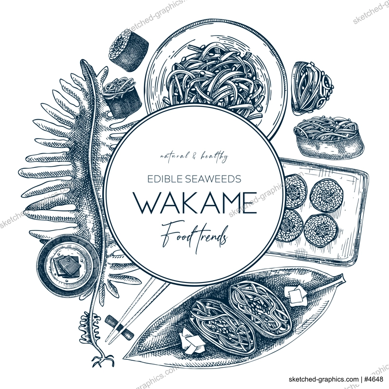 Edible seaweed wreath design. Hand-drawn wakame sketches. Sea vegetables vector illustration. Japanese cuisine vintage frame. Modern restaurant menu. Healthy food ingredients collection