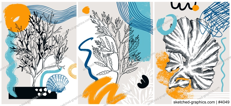 Collage-style seaweeds vector illustration. Sketched underwater plants banner set. Trendy design with botanical elements and geometric shapes. Elegant algae for sketch poster, card, and wall art.