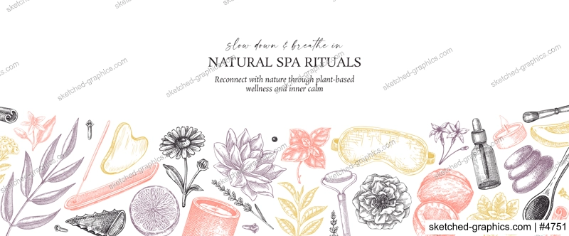 Selfcare background. Wellness and spa seamless pattern. Hand drawn vector illustration. Beauty salon vintage border design. Not AI generated