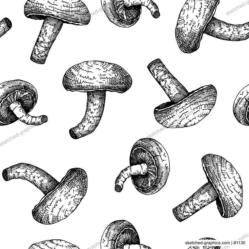 Shiitake mushrooms background. Adaptogenic plants hand-sketched seamless pattern. Medicinal mushroom sketches. Perfect for cooking, traditional medicine, vegans. Botanical backdrop in vintage style