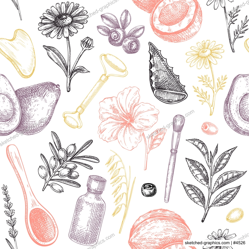 Skincare background. Organic cosmetics seamless pattern. Hand drawn vector illustration.Beauty salon vintage design. Not AI generated