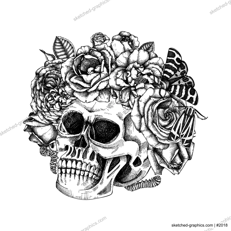 Skull with rose flowers and moth sketch. Day of the death hand drawn vector illustration. Halloween design element. For poster, print, flyers, invitations.