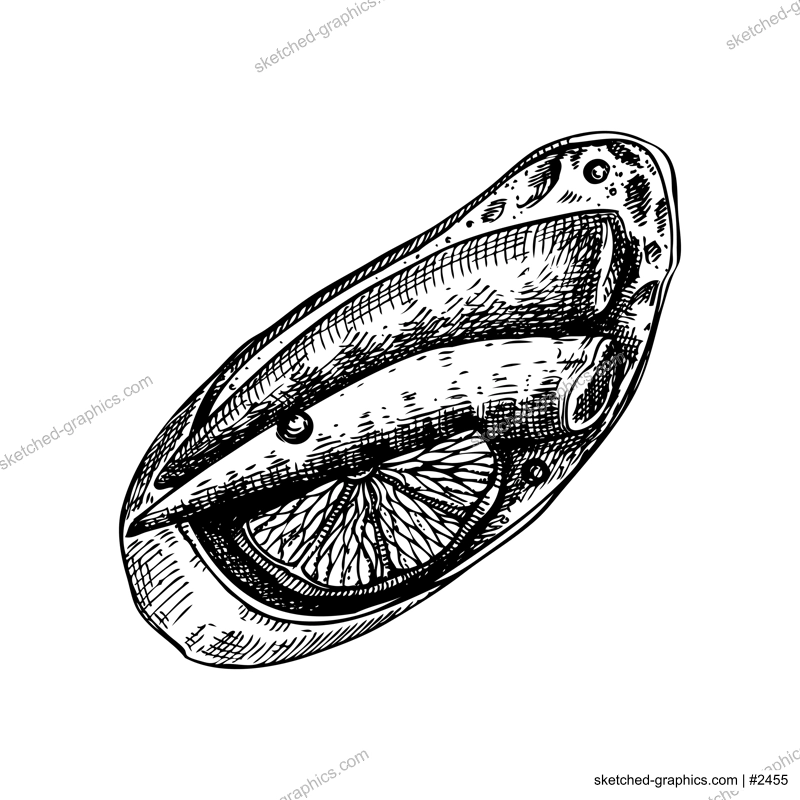 Little smoked sprats sandwich hand drawn illustration. Vector canape with canned fish, bread, and lemon sketch isolated on white background. Party finger food with tinned sardines  for menu design