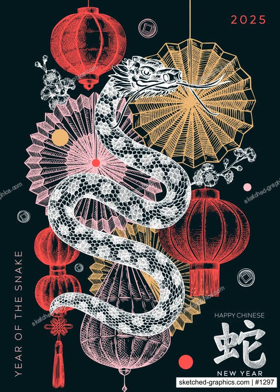 Chinese New Year greeting card. Snake chalk drawing. 2025 Lunar New Year party invitation. Hand-drawn vector illustration. NOT AI generated