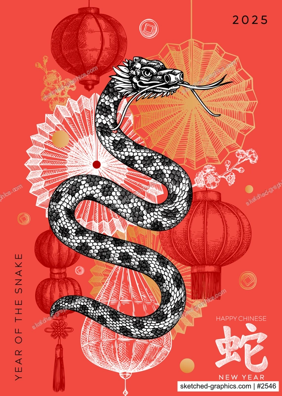 Chinese New Year greeting card. Snake sketch. 2025 Lunar New Year party invitation. Hand-drawn vector illustration. NOT AI generated