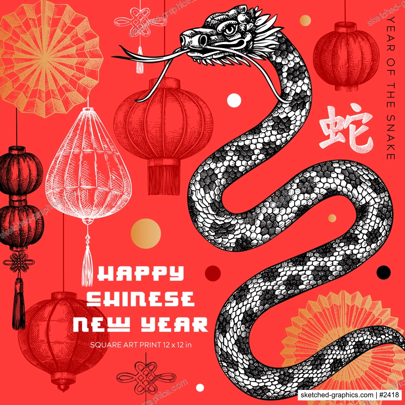 Chinese New Year square art print. Lunar New Year greeting card template. Snake sketch. NOT AI generated