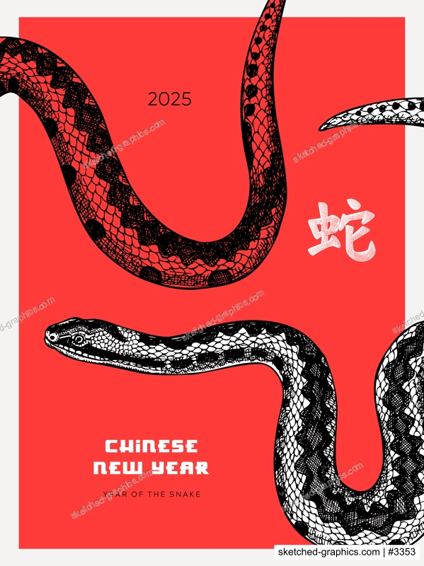 Chinese New Year Poster. Realistic snake sketch. China art print. Hand-drawn vector illustration. NOT AI generated