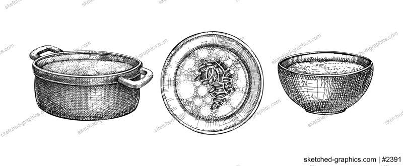 Dishes set. Cooked food. Hot soup served on plates, pans, bowls. Marrow bone broth sketches collection. Engraved vector food illustrations isolated on white background