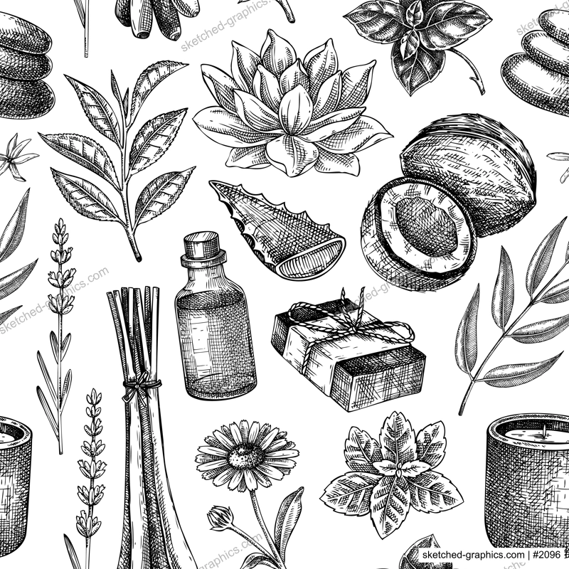 Spa background design. Welness seamless pattern. Medicinal herbs, floral element, natural ingredients sketches. Hand drawn vector illustration. 