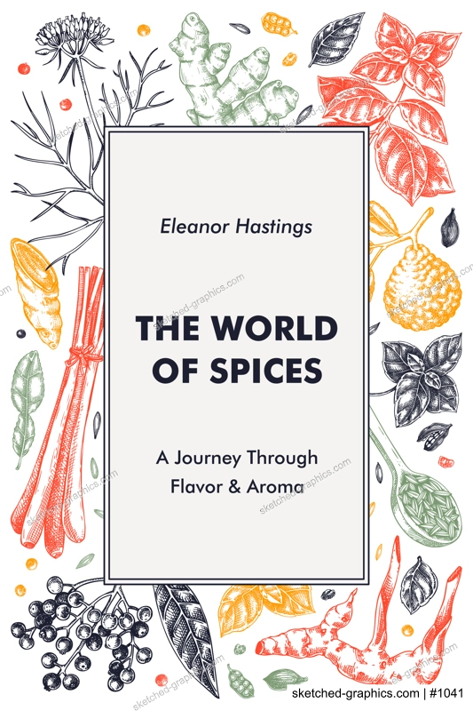 Sketch style book cover design. Hand drawn spices vector illustration. Basil, galangal, cumin, cilantro, tumeric, lemongrass, lime sketches. Herbs background. NOT AI generated