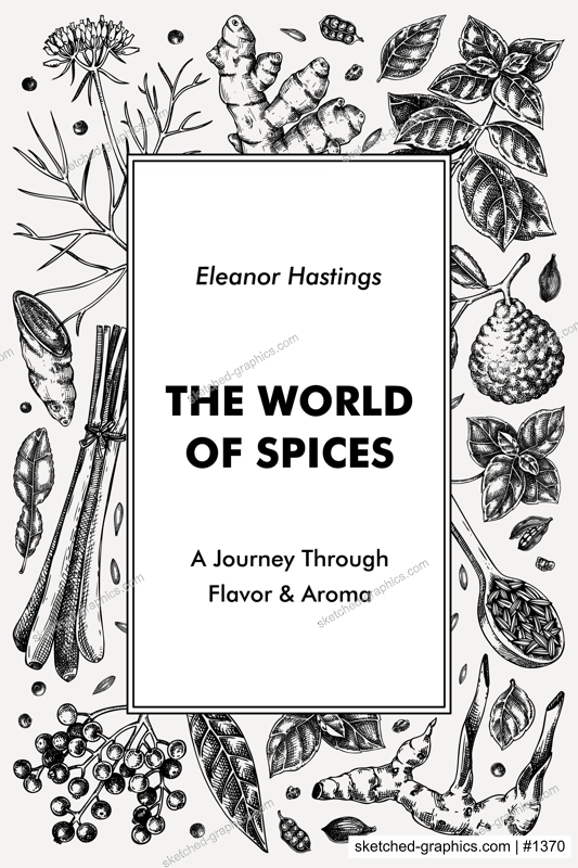 Sketch style book cover design. Hand drawn spices vector illustration. Basil, galangal, cumin, cilantro, tumeric, lemongrass, lime sketches. Herbs background. NOT AI generated