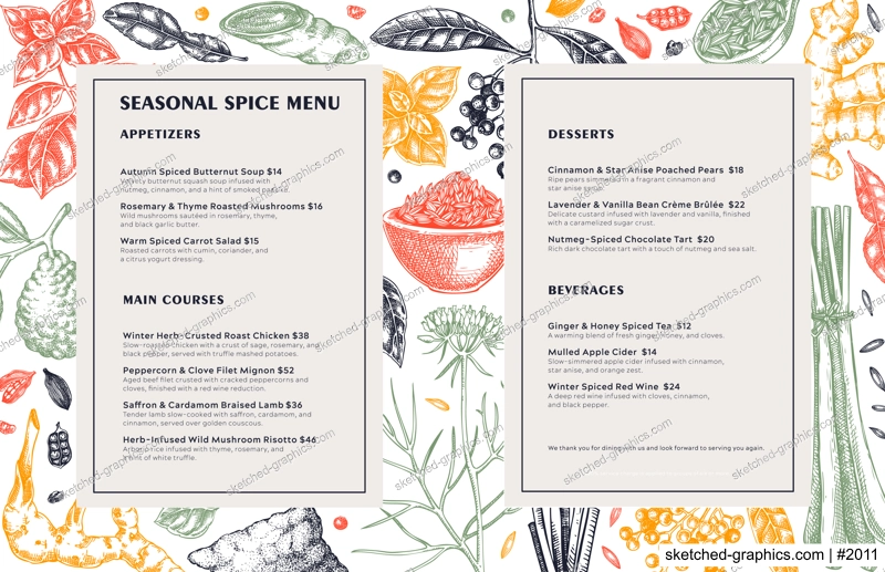 Sketch style restaurant menu design. Hand drawn spices vector illustration. Basil, galangal, cumin, cilantro, tumeric, lemongrass, lime sketches. Herbs background. NOT AI generated