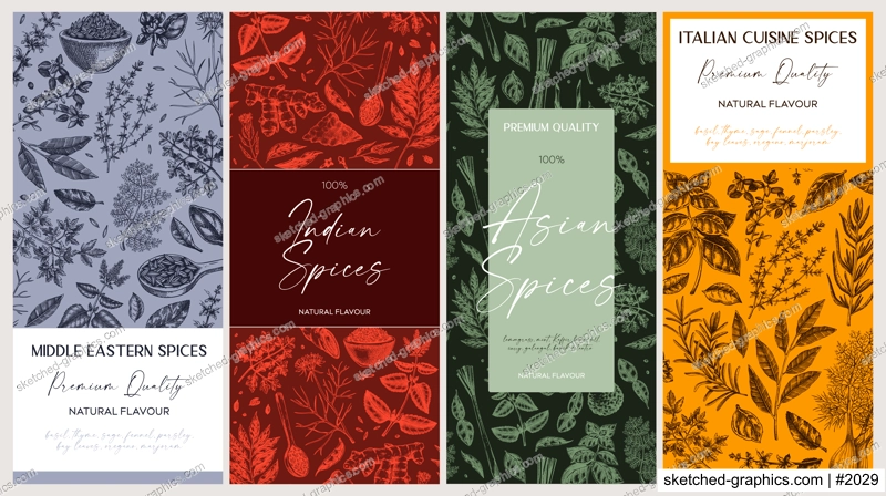 Spice packaging designs set. Herbs and spices sketches. Hand-drawn vectot illustration. Vintage spice labels templates. NOT AI generated