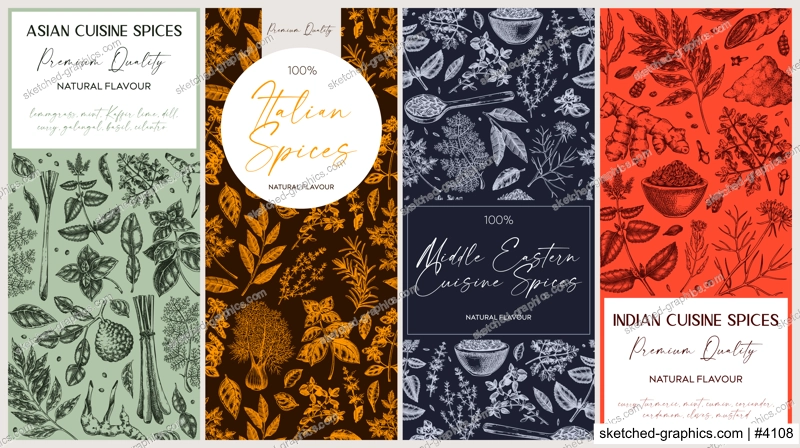 Spice packaging designs set. Herbs and spices sketches. Hand-drawn vectot illustration. Vintage spice labels templates. NOT AI generated