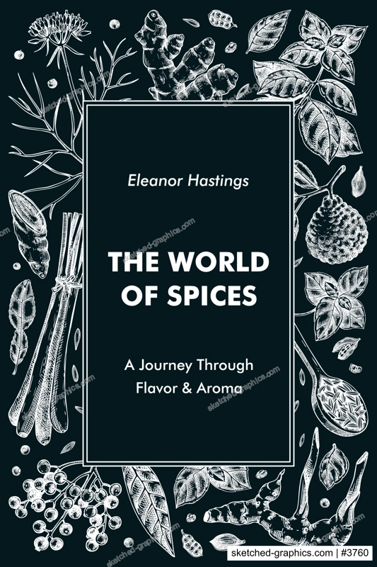 Sketch style book cover design. Hand drawn spices vector illustration on chalkboard. Basil, galangal, cumin, cilantro, tumeric, lemongrass, lime sketches. NOT AI generated