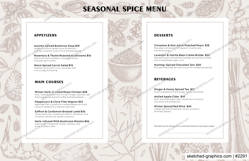 Sketch style restaurant menu design. Hand drawn spices vector illustration. Basil, galangal, cumin, cilantro, tumeric, lemongrass, lime sketches. Herbs background. NOT AI generated