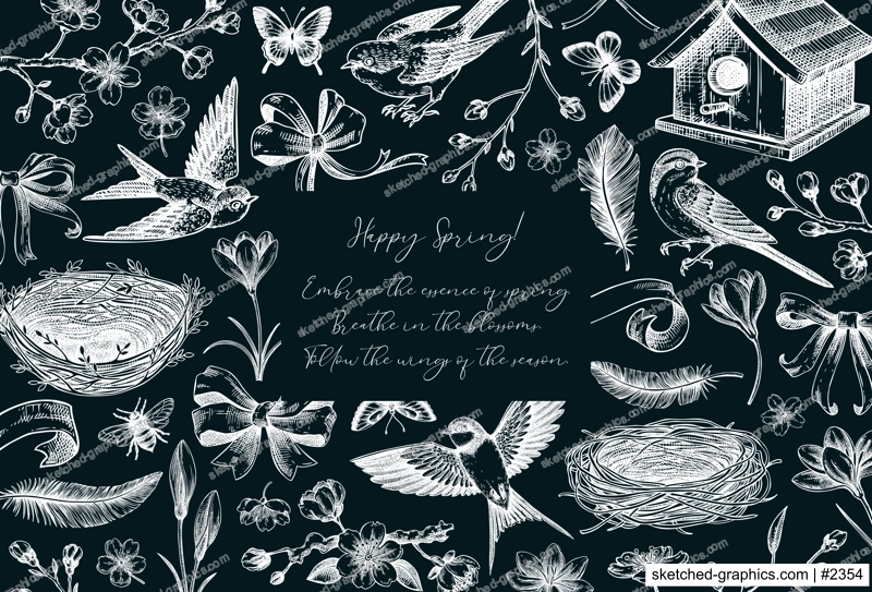 Hand-drawn spring background. Flying bird, sakura flower, bird house, bow and ribbon chalk drawings. Easter vector illustrations. Vintage baroque frame design. NOT AI generated