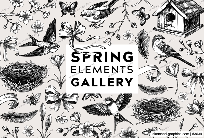 Hand-drawn spring background. Flying bird, sakura flower, bird house, bow and ribbon sketches. Easter vector illustrations. Vintage baroque frame design. NOT AI generated