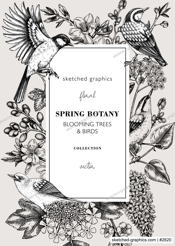 Spring birds card or invitation template. Vintage frame designs with birds, flowers, leaves and blooming tree branches. Almond, willow, rowan, willow, lilac, cherry blossom floral sketches for prints 