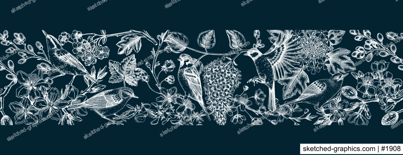 Spring seamless pattern in sketched style. Hand drawn birds and blooming tree branches ribbon. Cherry, almond, willow, rowan, currant, japanese quince, guelder rose, lilac in flowers on chalkboard.