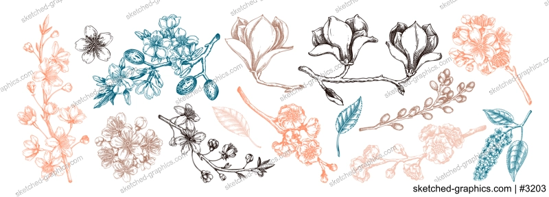 Spring blooming branches sketches. Hand-drawn botanical illustration. Trendy brown floral design. NOT AI genereted